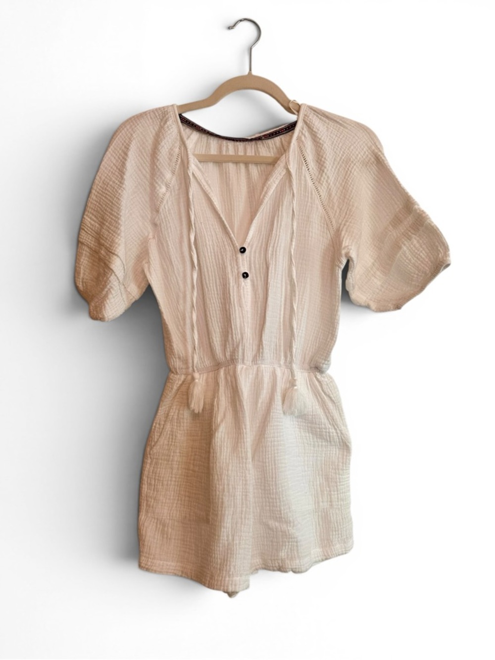 Cream Gauze Romper with Tassel Tie